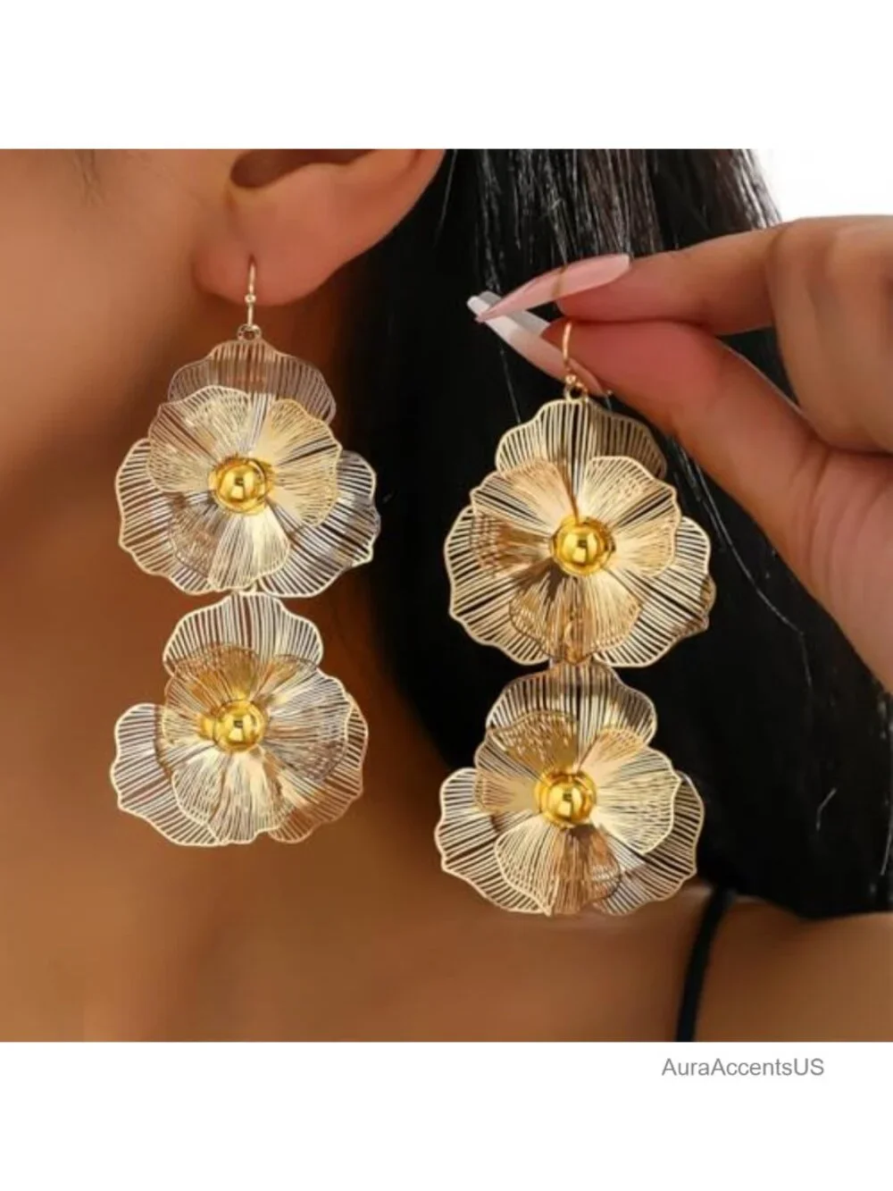 Gold Double Flower Drop Dangle Earrings for Women Boho Y2K Jewelry